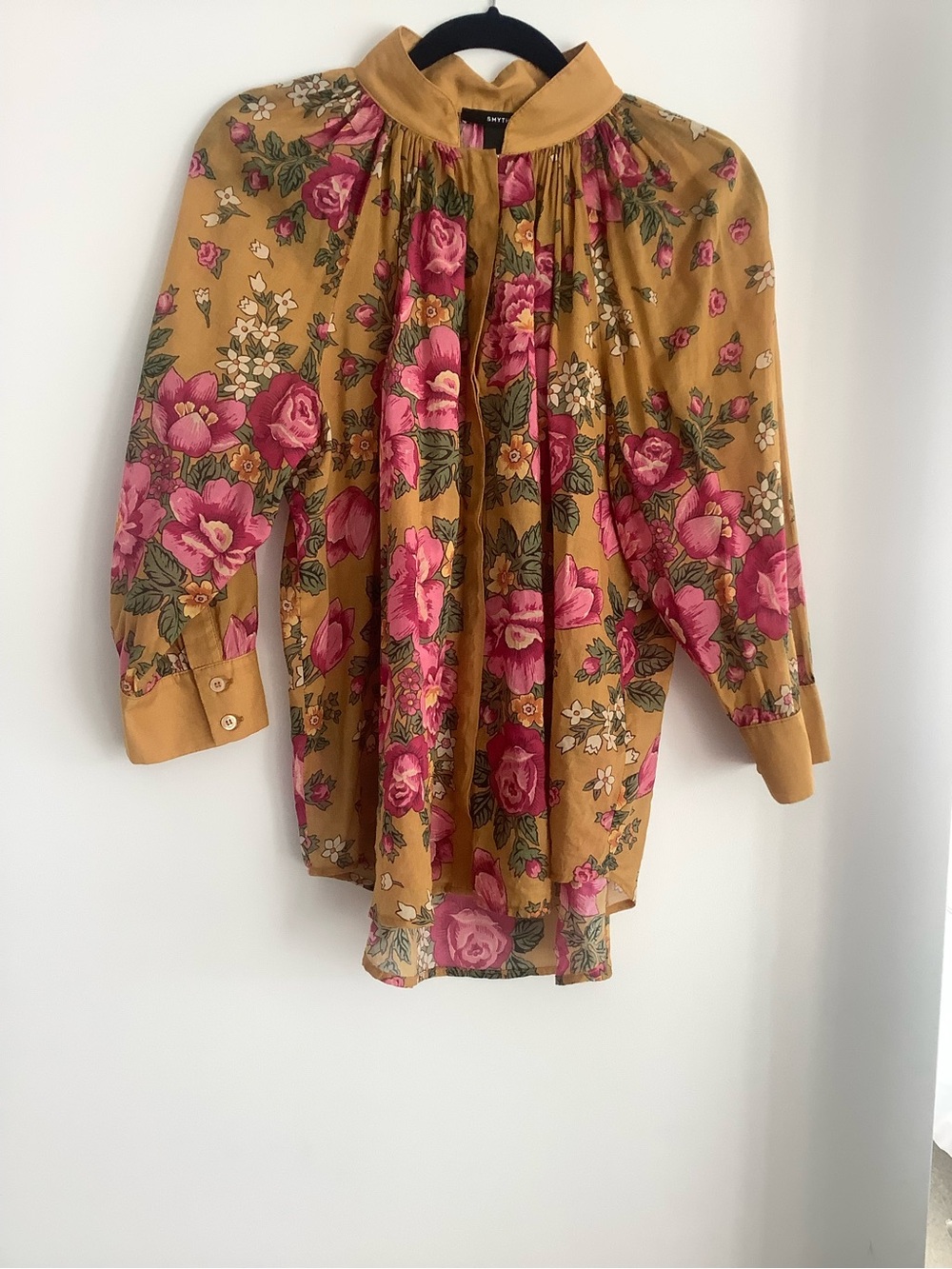 Smythe Mustard Floral High-Neck Blouse with Pink Roses